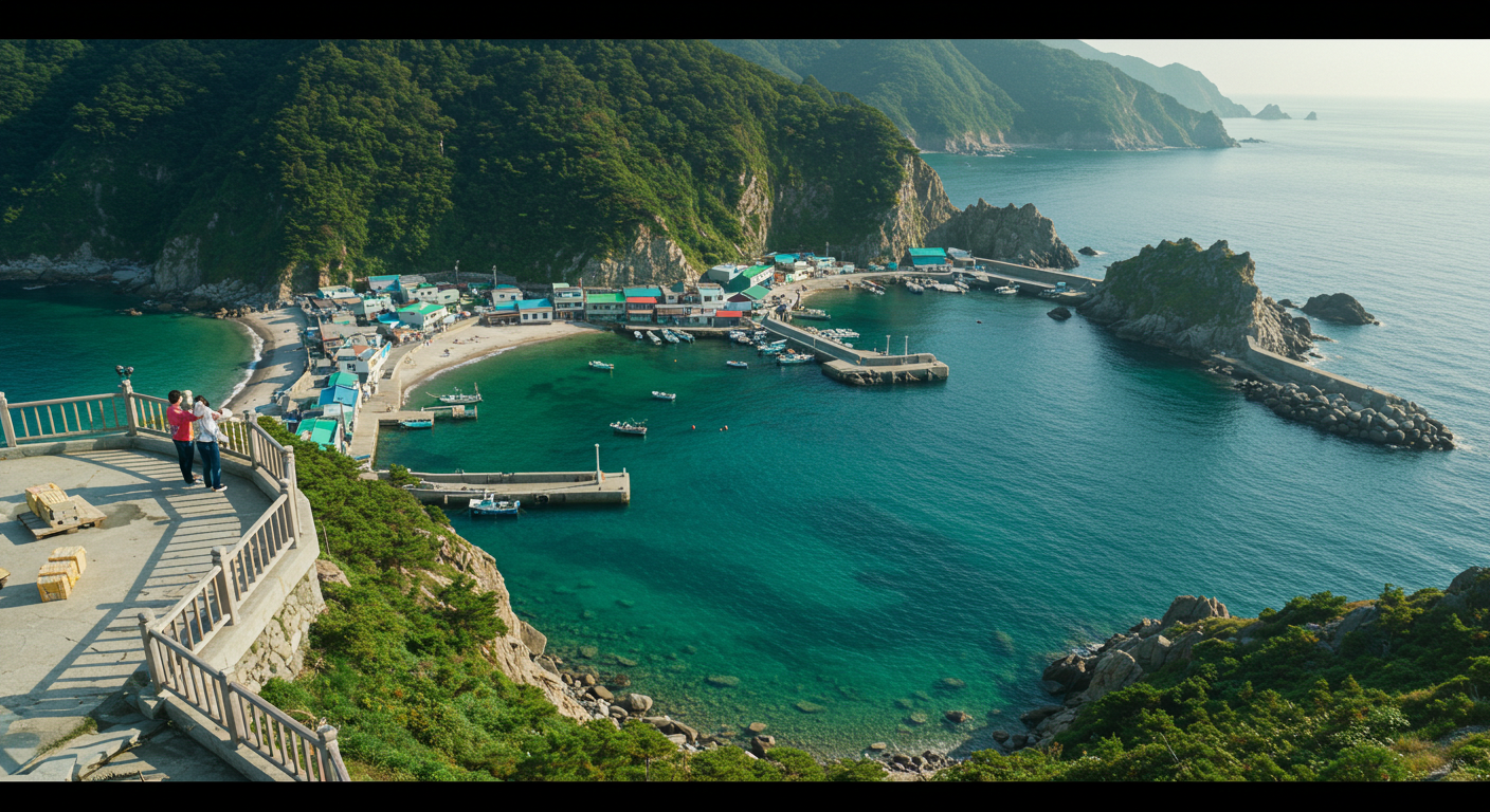삼척 장호항 전망대에서 한국인 연인이 에메랄드빛 바다를 내려다보는 모습