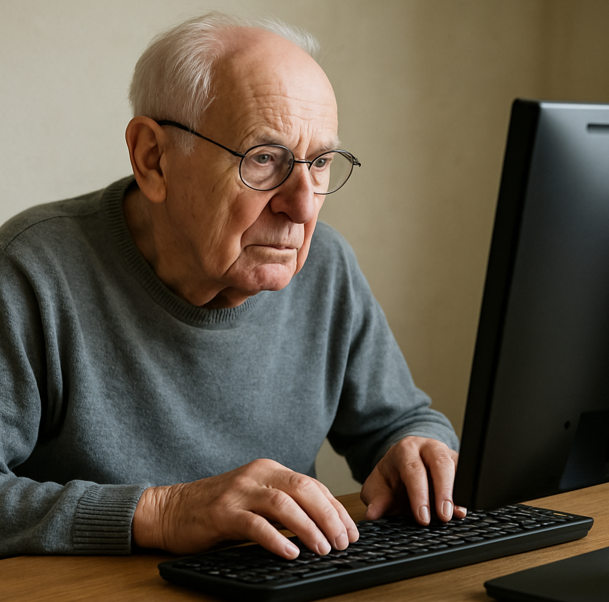 노인이 나무 책상 앞에 앉아 컴퓨터를 집중해서 사용하고 있는 모습