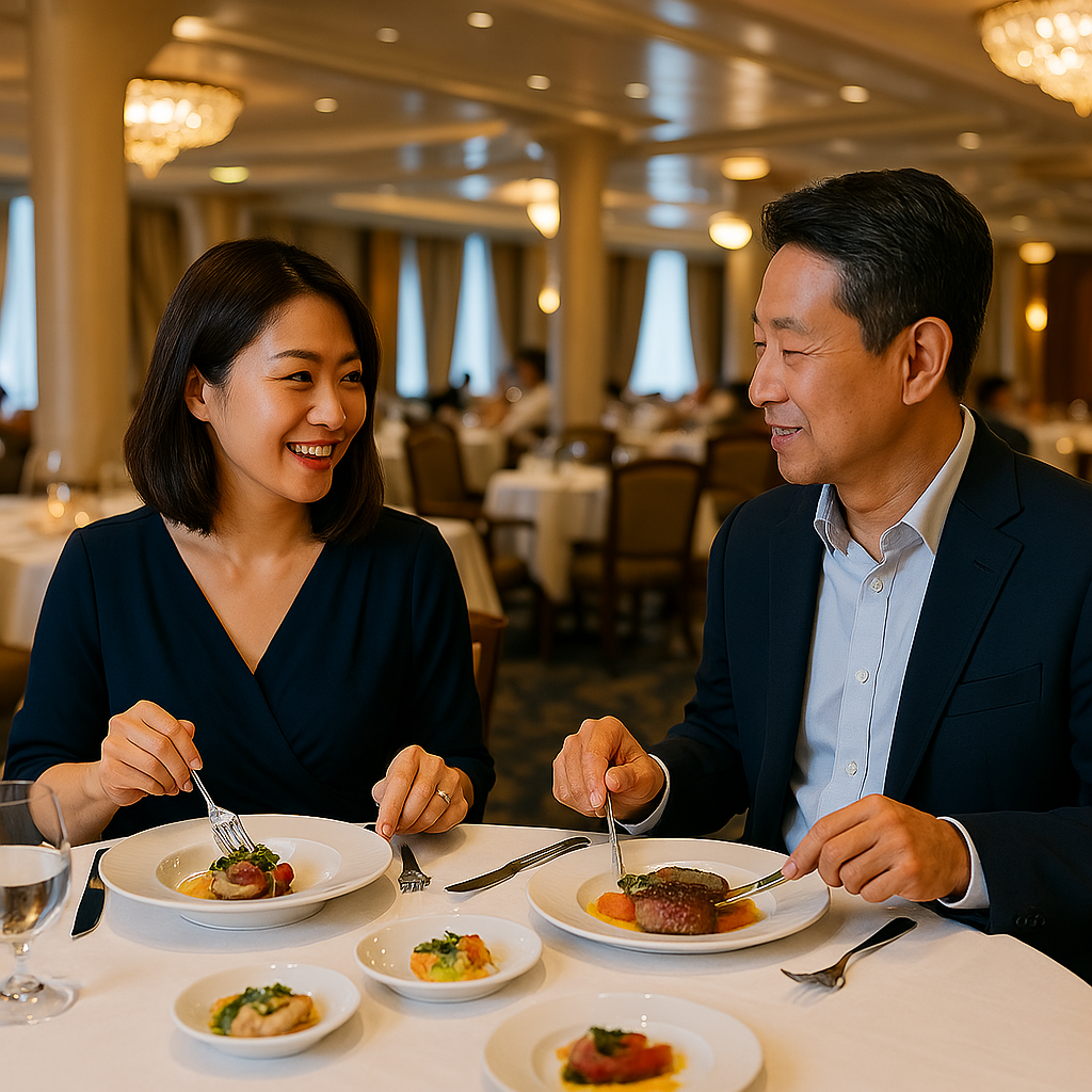 크루즈에서 식사를 즐기는 부부모습