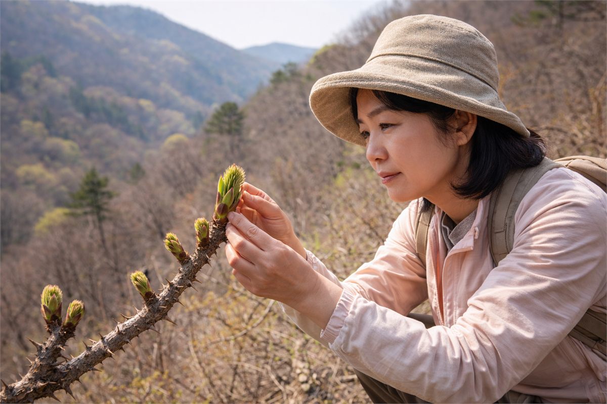 산비탈에서 손으로 두릅 크기를 살피는 장면 
