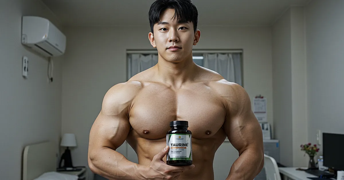 보디빌더가 방 안에서 타우린 보충제를 들고 정면을 바라보는 사진