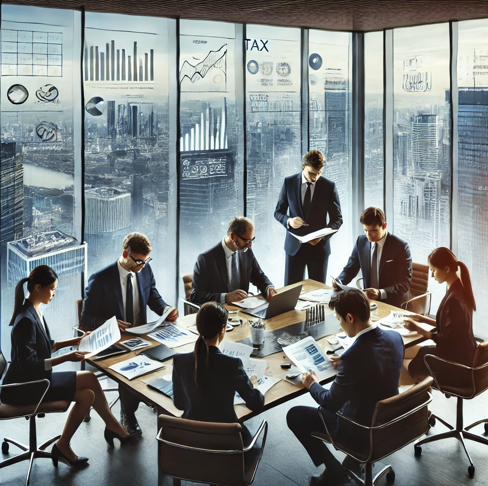 전문가들이 법인의 재무 및 세금 절감방법을 논의하며 데이터를 분석하는 회의 