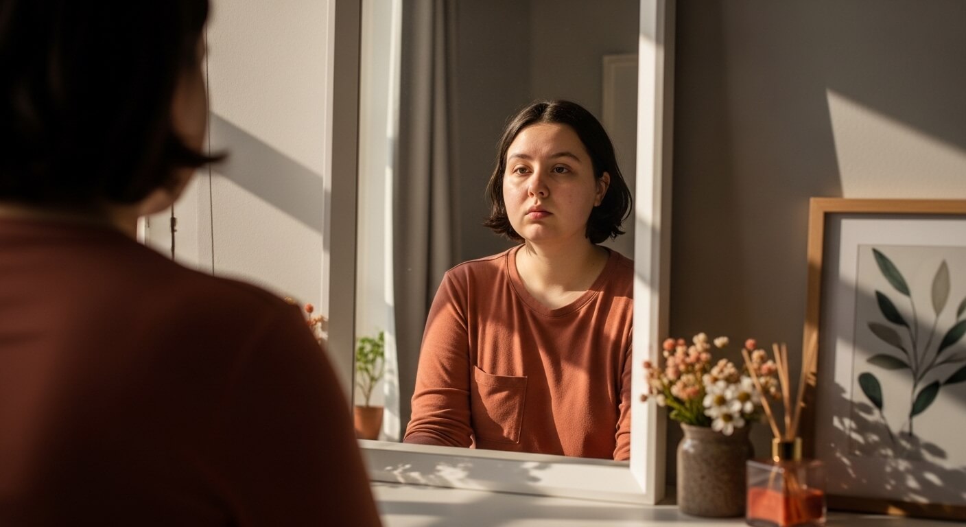 한여성의 뒷모습이 보이고 거울에비친 앞모습이 보인다