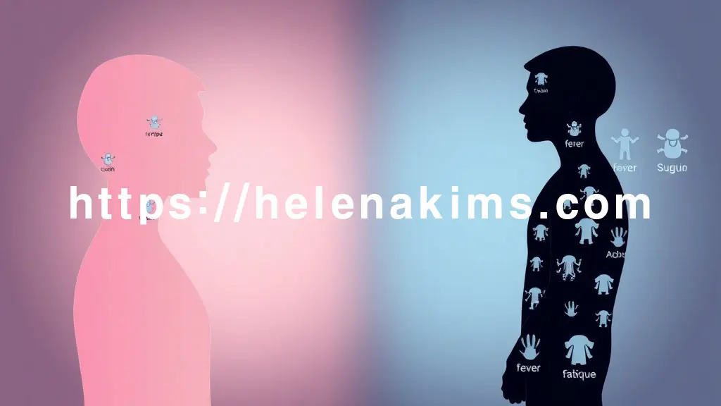 왼쪽 실루엣은 연한 파스텔 톤으로, 머리와 목 주변에 콧물, 기침, 인후통 아이콘을 작게 표현해 '국소적' 감기 증상을 상징. 오른쪽 실루엣은 어둡고 강렬한 톤으로, 몸 전체에 열, 근육통, 무기력 아이콘을 크게 배치해 '전신적' 독감 증상을 시각화한 이미지.