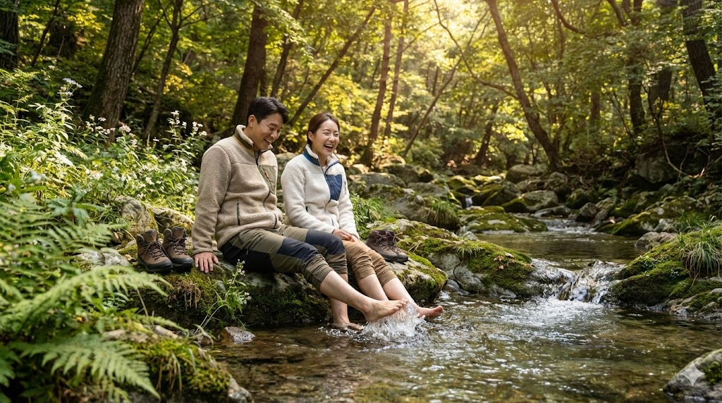 시원한 계곡물에 발을 담그며 더위를 식히는 행복한 커플 여행객