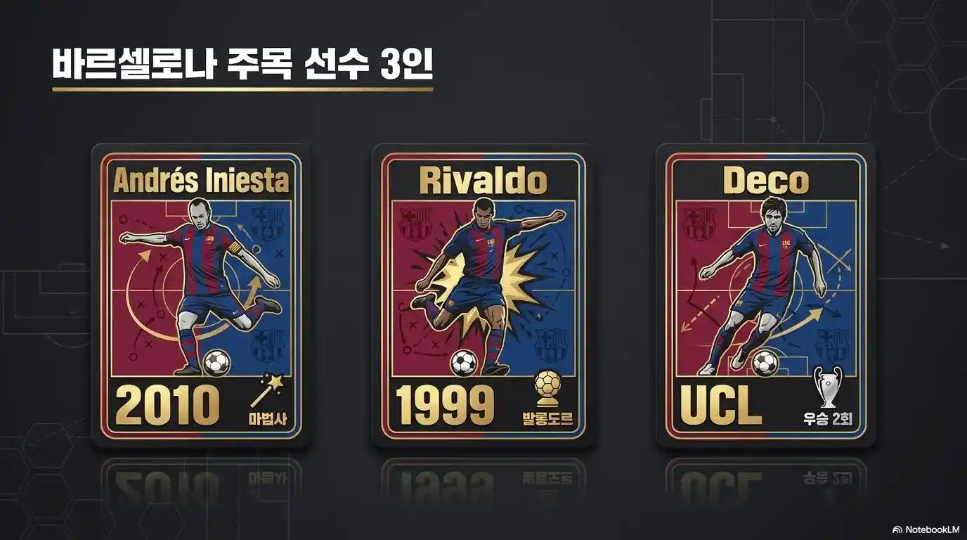바르셀로나 주목 선수 3인 카드: 2010년 마법사 안드레스 이니에스타, 1999년 발롱도르 히바우두, UCL 우승 2회 데쿠