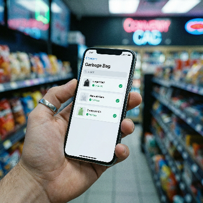 스마트폰 앱을 통해 근처 편의점의 종량제 봉투 재고를 확인하는 모습. 화면에는 규격별 수량과 '재고 있음' 표시가 선명하게 보이며, 기술을 활용해 헛걸음을 방지하는 스마트한 살림 방식을 보여주는 8k 고해상도 연출 사진.