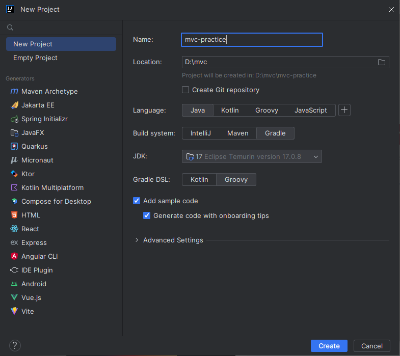 New Project 화면 : 설정 완료