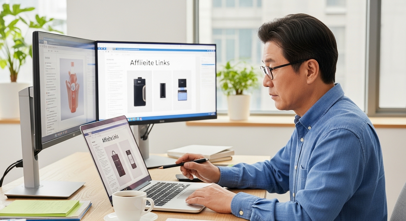 제휴 마케팅 콘텐츠에 링크를 추가 중인 중년 남성