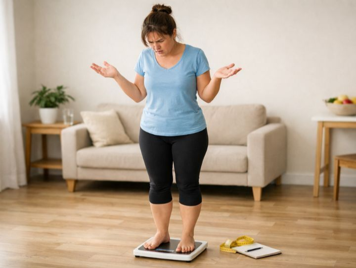 alt ="다이어트 정체기로 인해 체중계 숫자가 변하지 않는 모습"