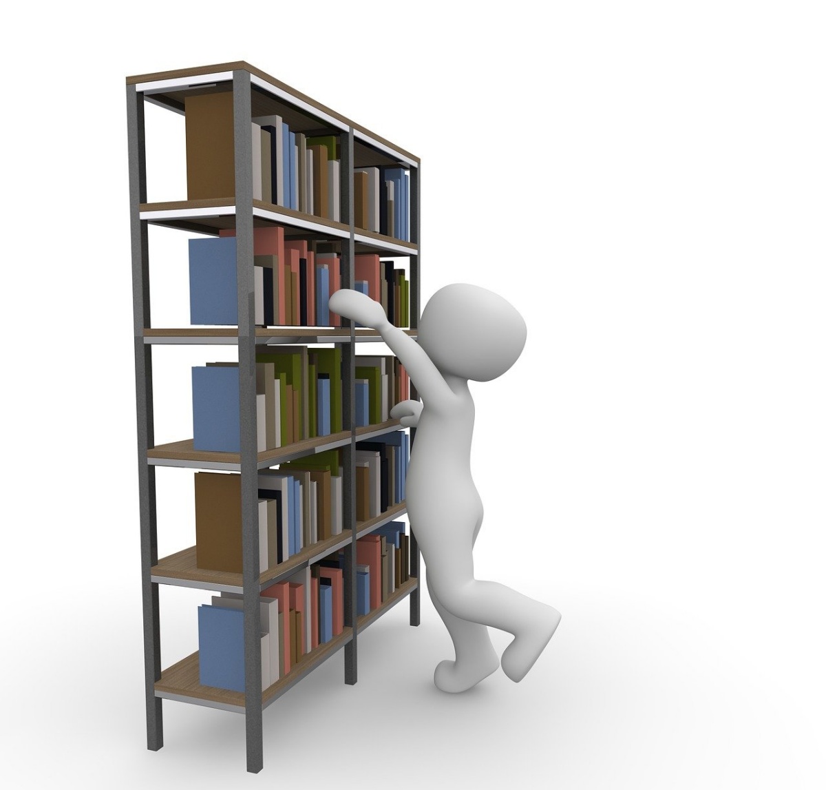 높은 책장에서 책 꺼내려 손 뻗는 모습