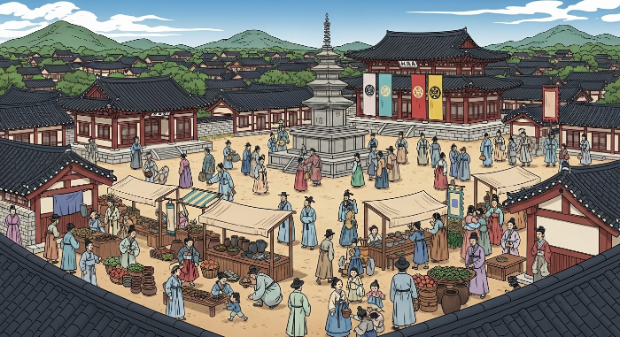 고려 시대 청주 지역의 번성했던 모습을 묘사한 역사 일러스트레이션.