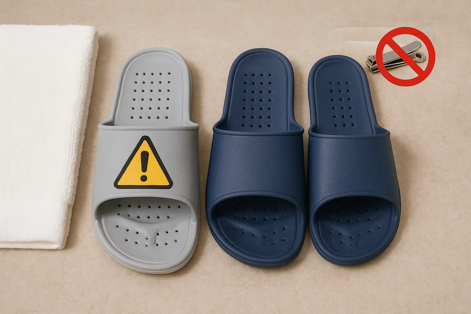 공용 욕실 슬리퍼와 개인 슬리퍼가 나란히 놓여 있고, 공용 슬리퍼 위에 경고 아이콘, 수건과 발톱깎이에 공유 금지 표시