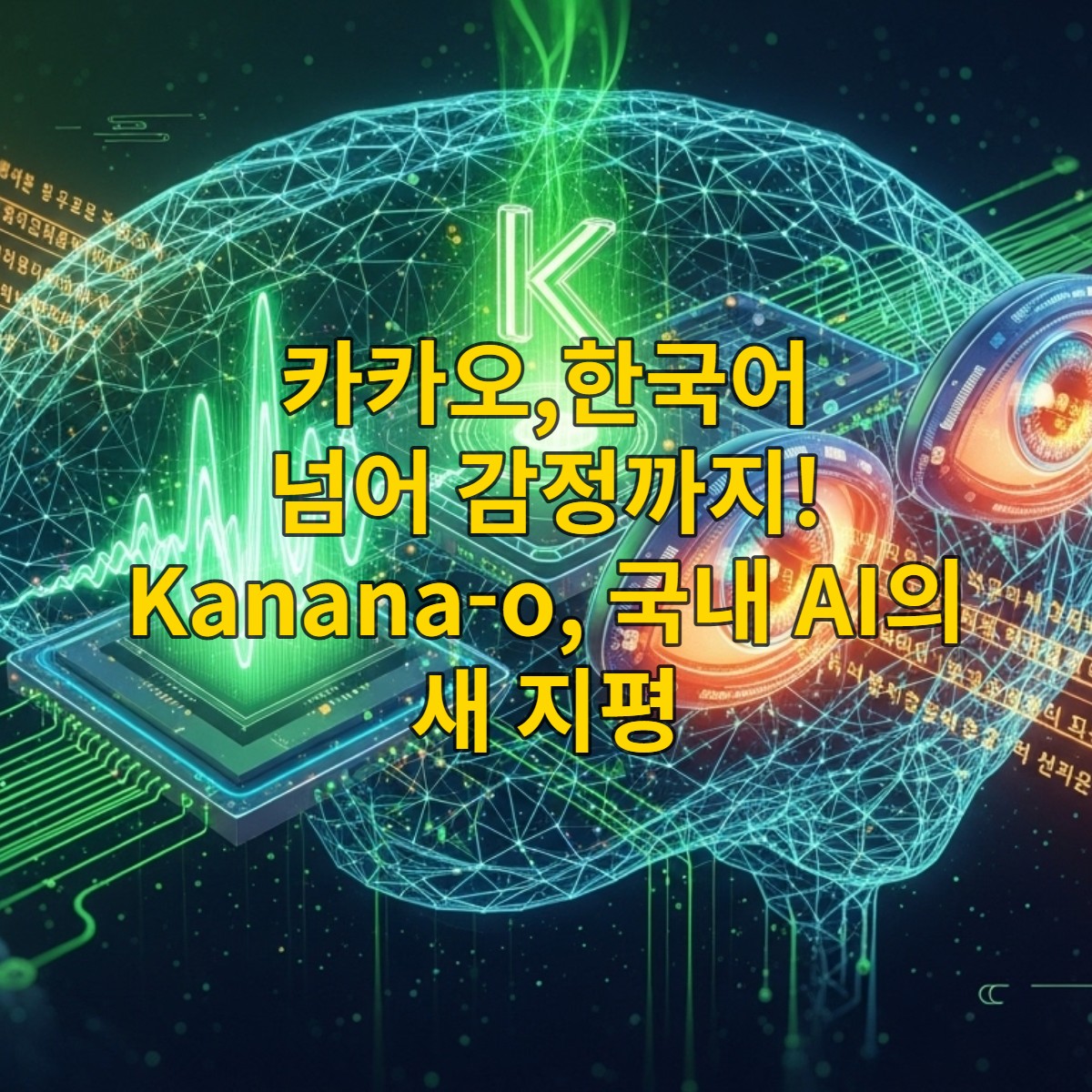 카카오의 멀티모달 AI 'Kanana-o'를 상징하는 이미지. 음성, 시각, 언어 능력을 통합한 미래지향적인 AI가 한국적인 요소를 배경으로 데이터를 처리하는 모습.