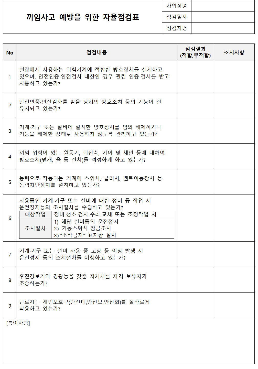 끼임사고예방 점검표