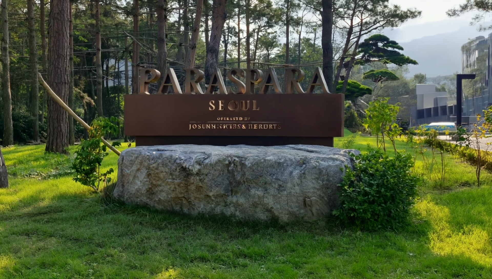 파라스파라 서울 리조트 입구 간판과 북한산 자연 풍경이 어우러진 전경