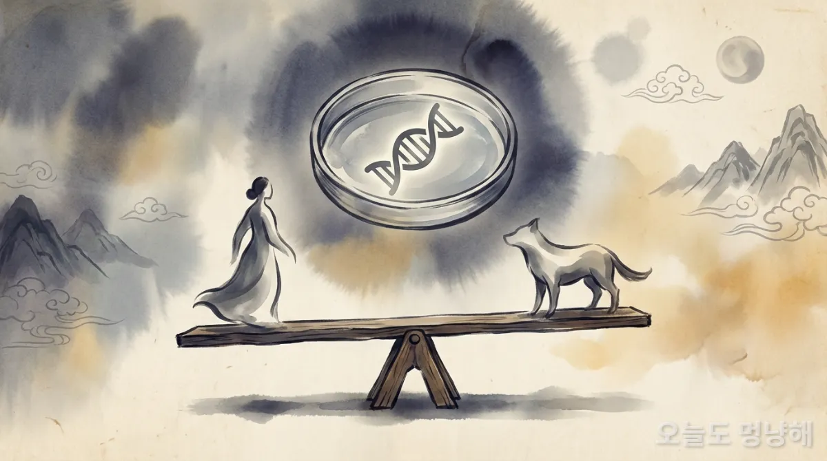 인간과 동물이 그려진 저울 위에 DNA 이중 나선이 놓여있는 추상적인 생명 윤리 표현