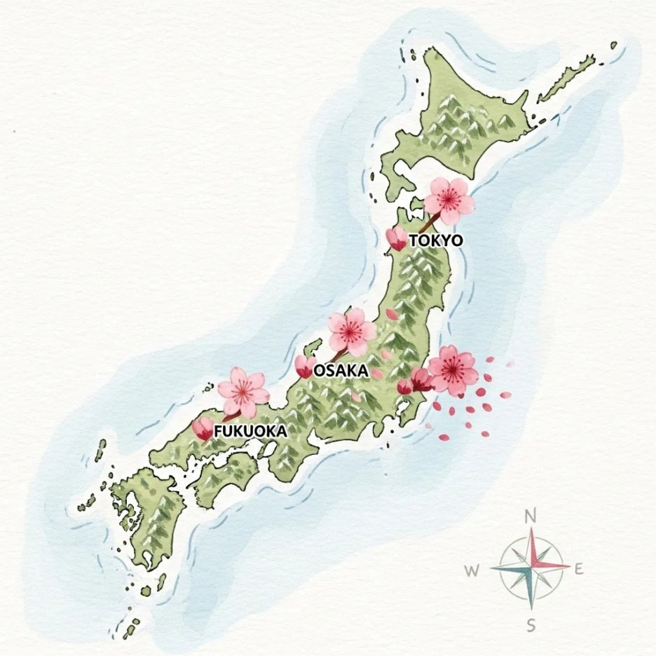일본 지도에 표시된 주요 도시별 벚꽃 개화 시기