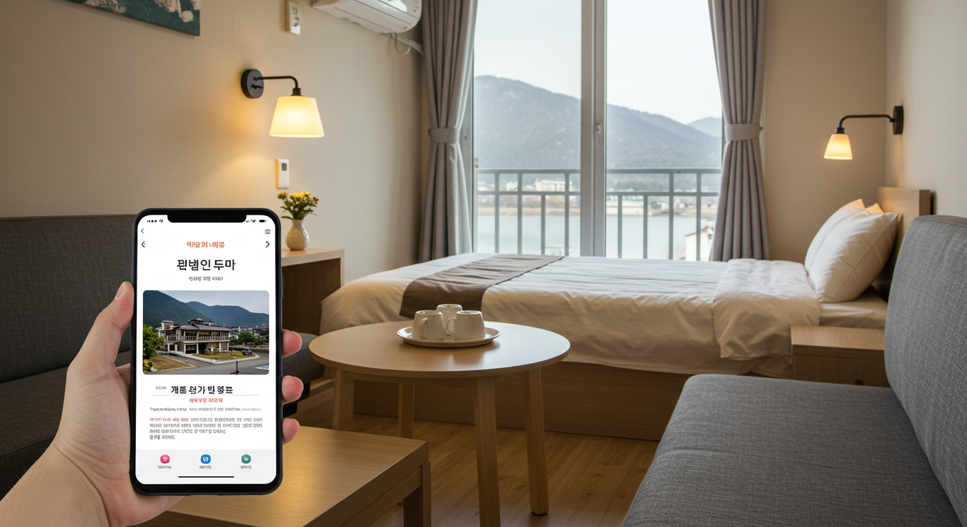 강원도의 가성비 좋은 펜션 객실과 숙박 예약 앱이 켜진 스마트폰.