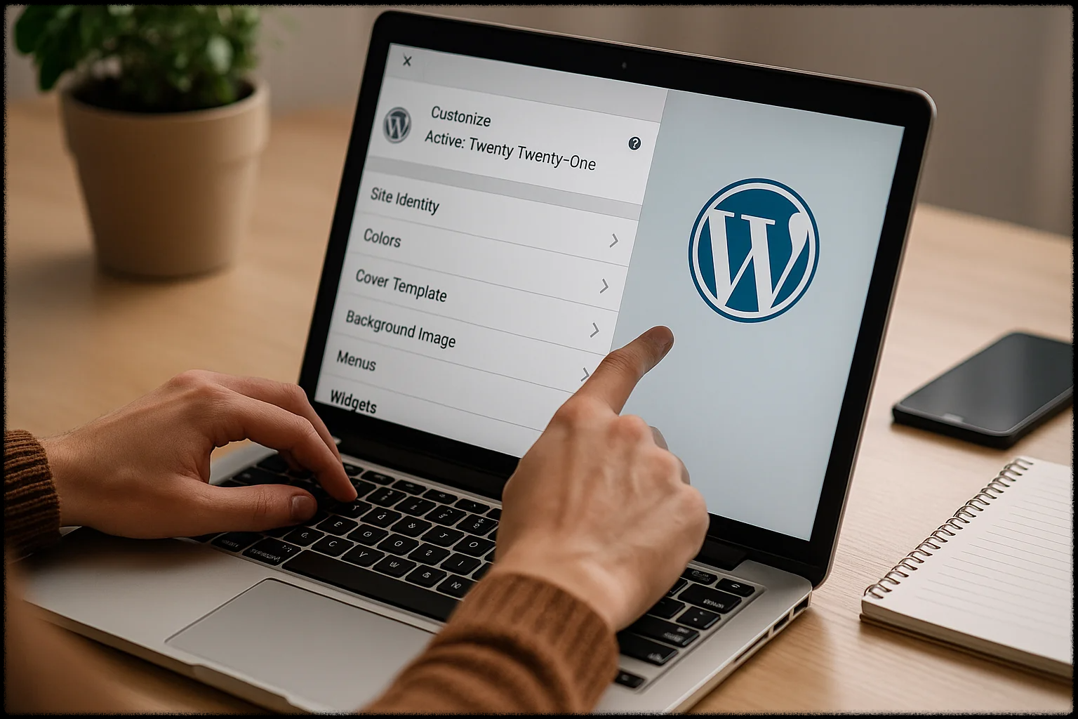 노트북에서 워드프레스 테마 커스터마이징 메뉴를 조작하는 이미지
