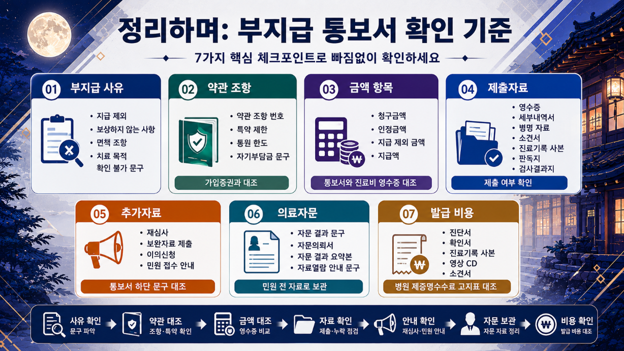 부지급 통보서 확인 기준을 부지급 사유, 약관 조항, 금액 항목, 제출자료, 추가자료, 의료자문, 발급 비용으로 정리한 인포그래픽