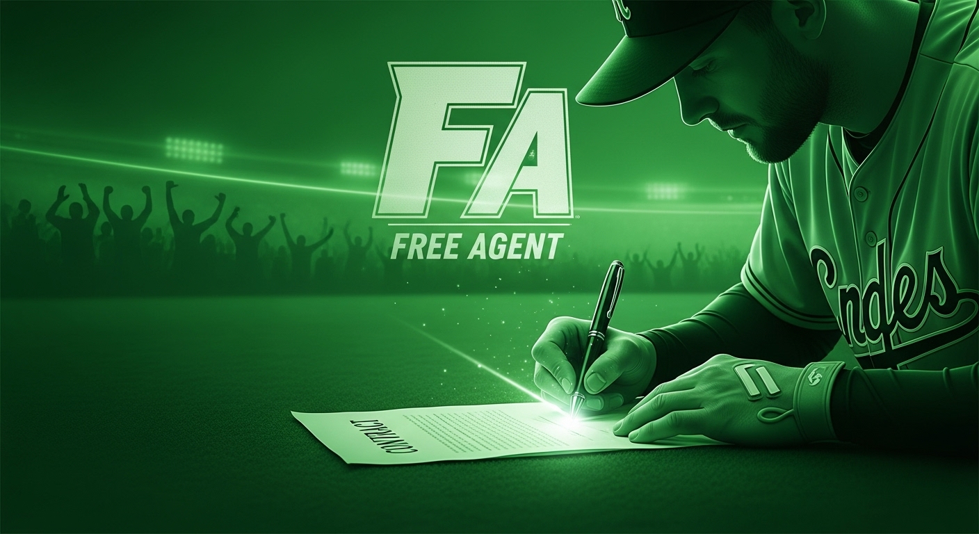 KBO FA 스토브리그에서 선수와 구단이 계약서에 사인하는 장면. 치열한 영입 경쟁을 암시한다.