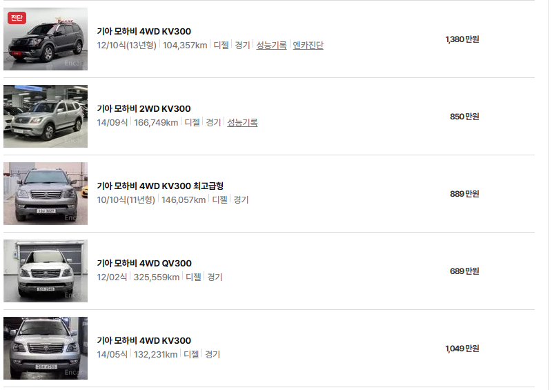 기아 모하비중고차 가격 시세표 유지비