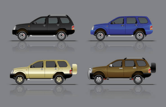 다양한 색상의 소형 SUV 차량 4대의 일러스트 이미지&amp;#44; 정측면 배치&rdquo;