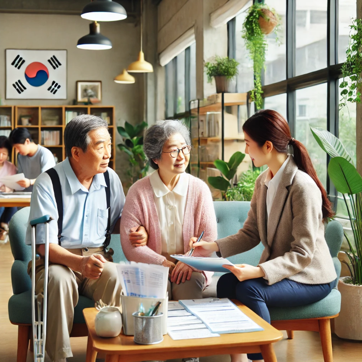 커뮤니티 센터에서 노년 부부에게 연금 서류를 돕는 사회복지사의 모습