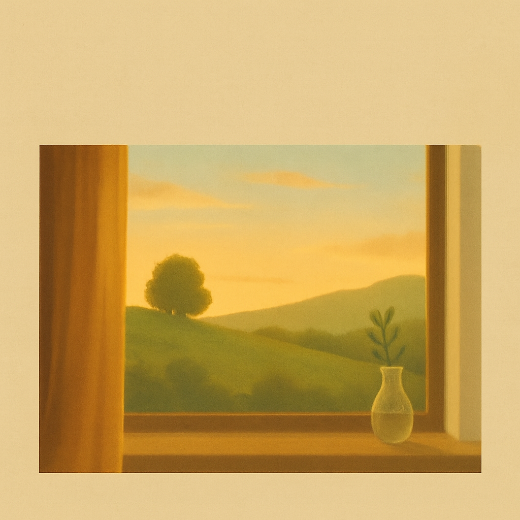 여름 오후 창문 풍경, 햇살이 따스하게 들어오고 언덕과 나무가 보이는 감성 일러스트