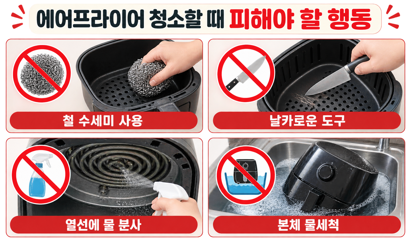 에어프라이어 청소할 때 피해야 할 행동과 주의사항