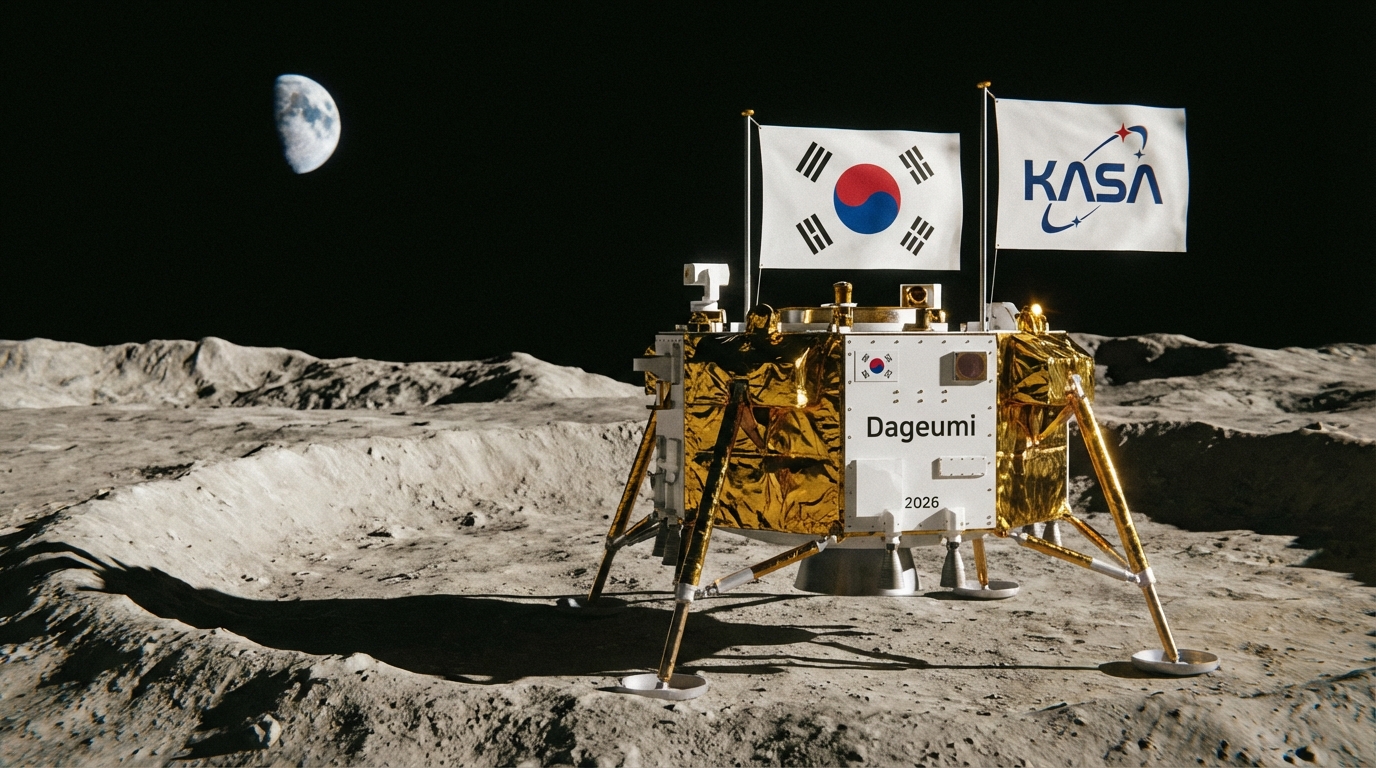 2026년 대한민국 우주 항공청(KASA)의 상징인 태극기가 새겨진 한국형 달 착륙선이 달 표면에 서 있는 장엄한 모습