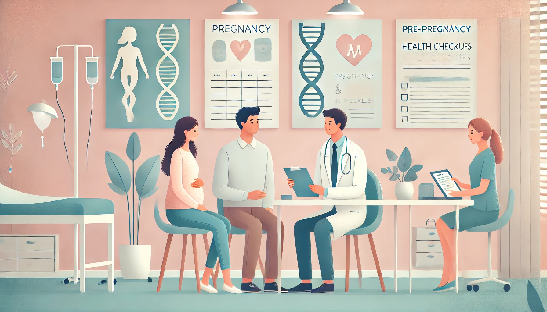 임신을 준비하는 부부가 병원에서 건강검진 상담을 받는 모습을 그린 일러스트. 따뜻한 분위기의 클리닉에서 여성은 의사와, 남성은 간호사와 상담 중이며, 임신과 건강 관련 포스터가 배경에 있는 모습