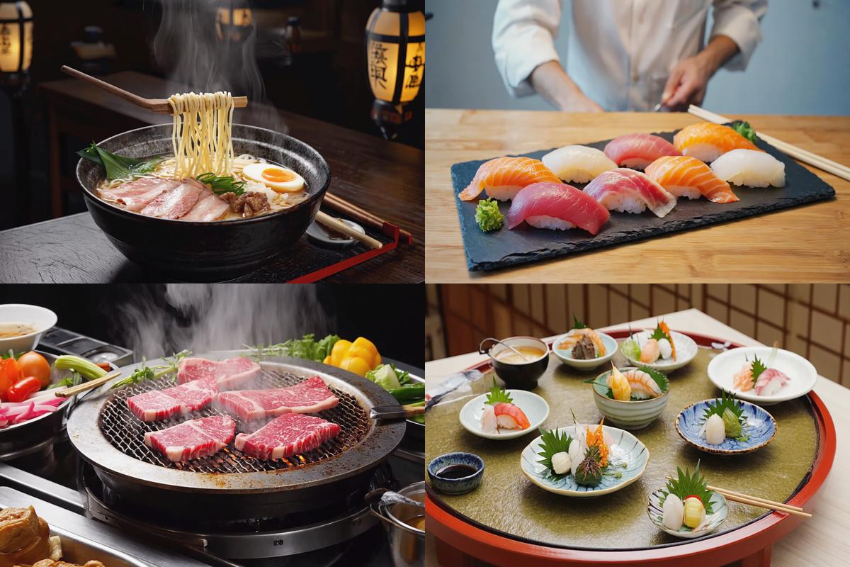 도쿄 대표 음식 야끼니쿠, 스시, 라멘, 가이세키 정식을 한눈에 담은 콜라주 이미지