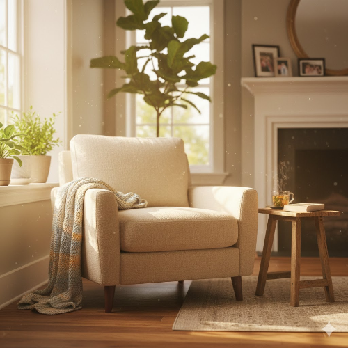 따뜻한 햇살이 비치는 거실의 편안한 의자