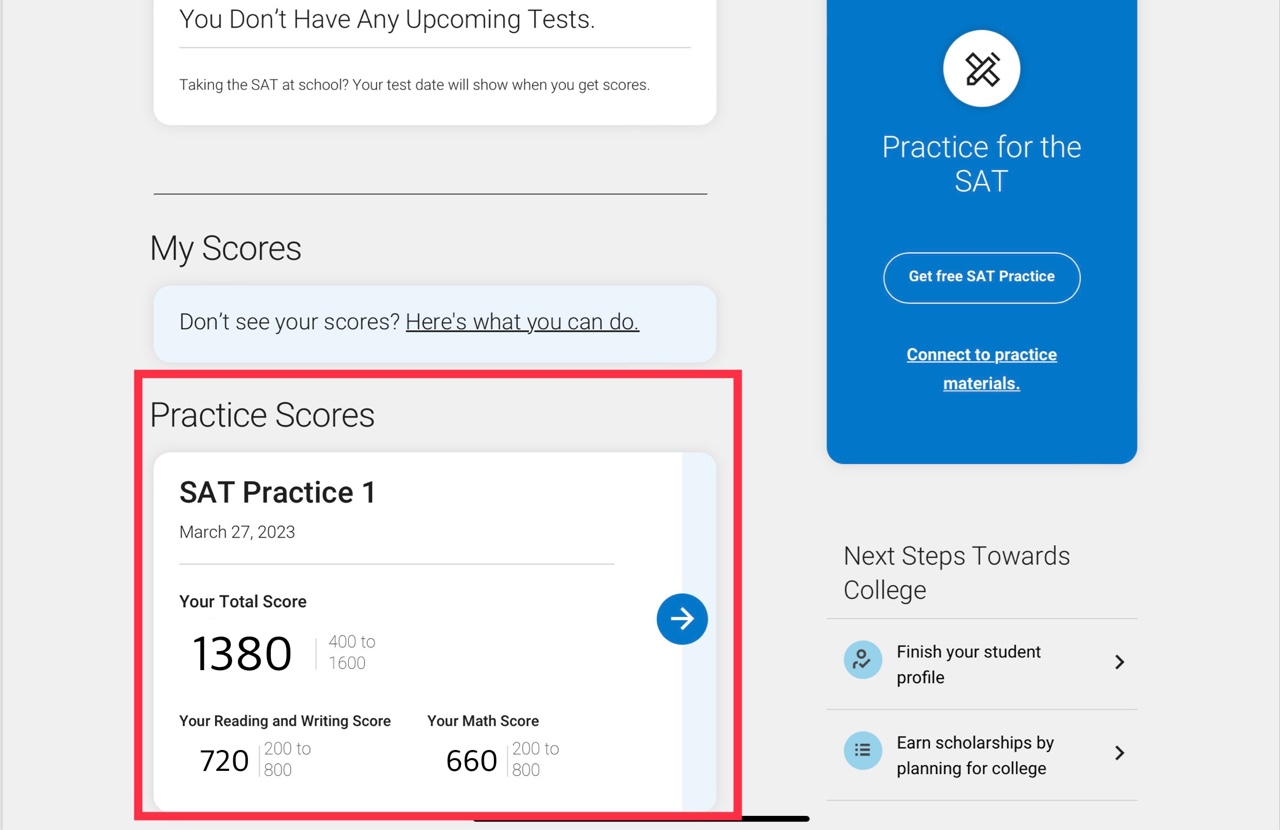 컬리지보드에서 digital sat 모의고사 성적을 확인하는 법을 보여주는 이미지