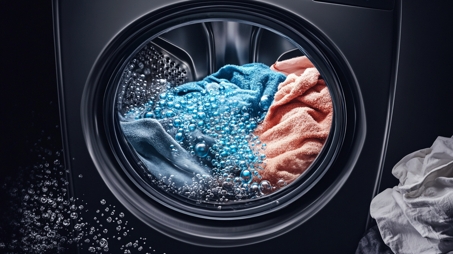 에코버블 기술이 적용된 삼성 WF9000T 내부에서 세탁 중인 옷의 근접 촬영, 기포가 생성되는 과정을 강조한 이미지