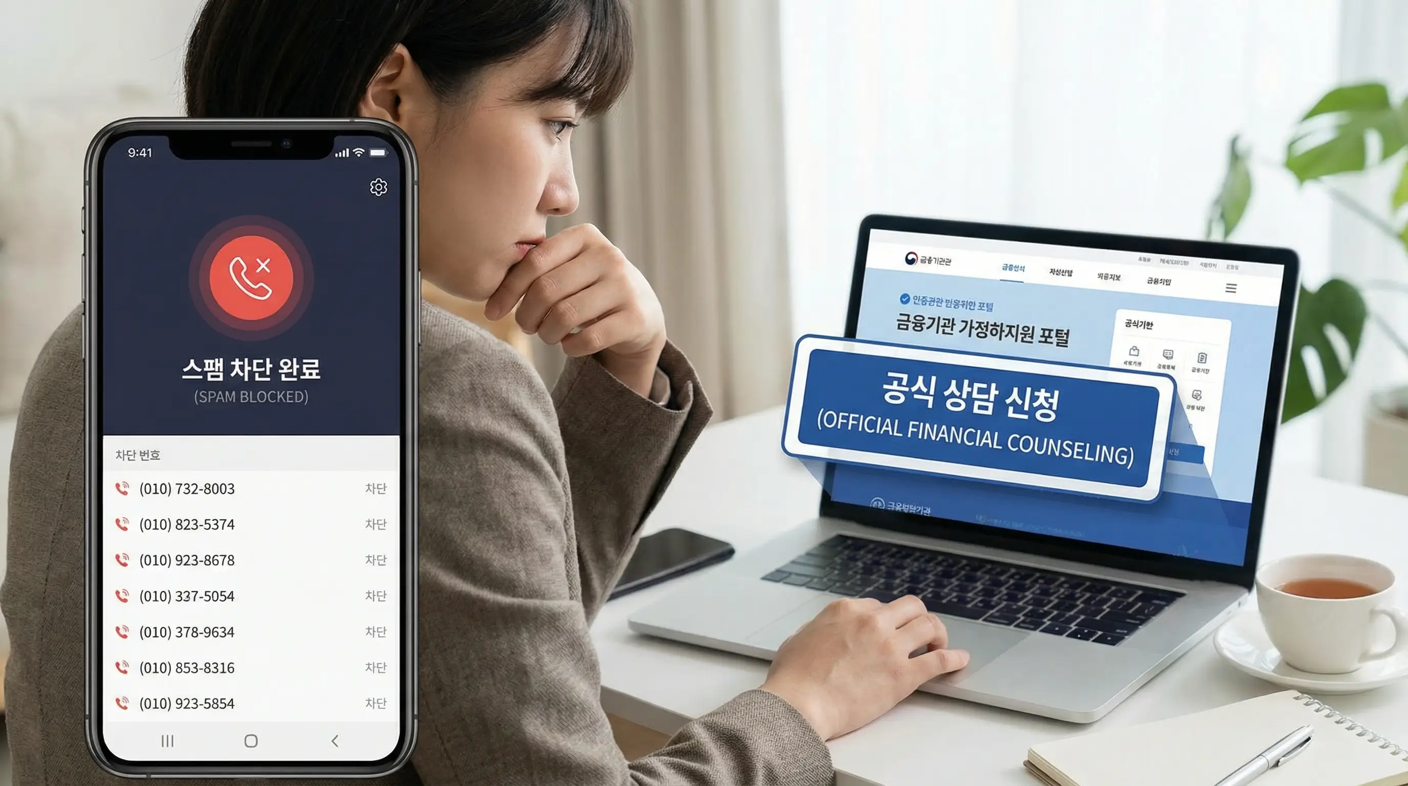 끊임없이 걸려오는 스팸 대출 전화를 차단하고 안전한 공식 상담을 신청하는 현명한 금융 소비자의 모습