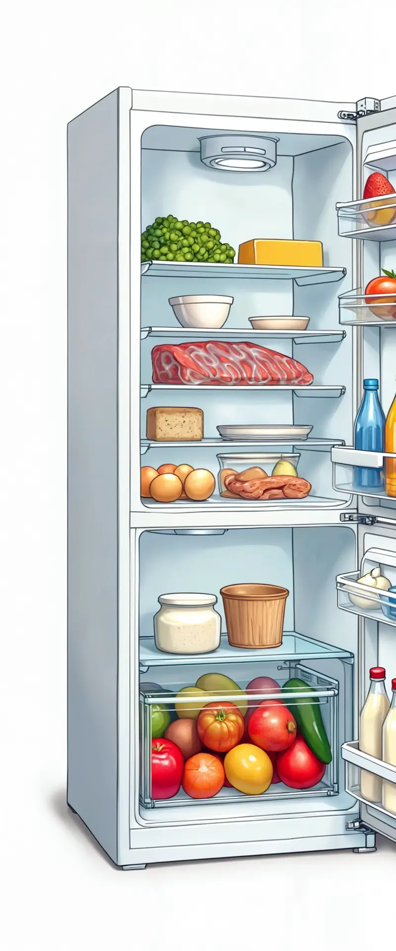 다양한 과일, 채소, 고기, 음료수가 칸별로 깔끔하게 정리되어 있는 하얀색 냉장고 내부 일러스트 이미지