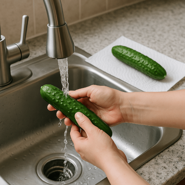 싱크대에서 세척중인 오이