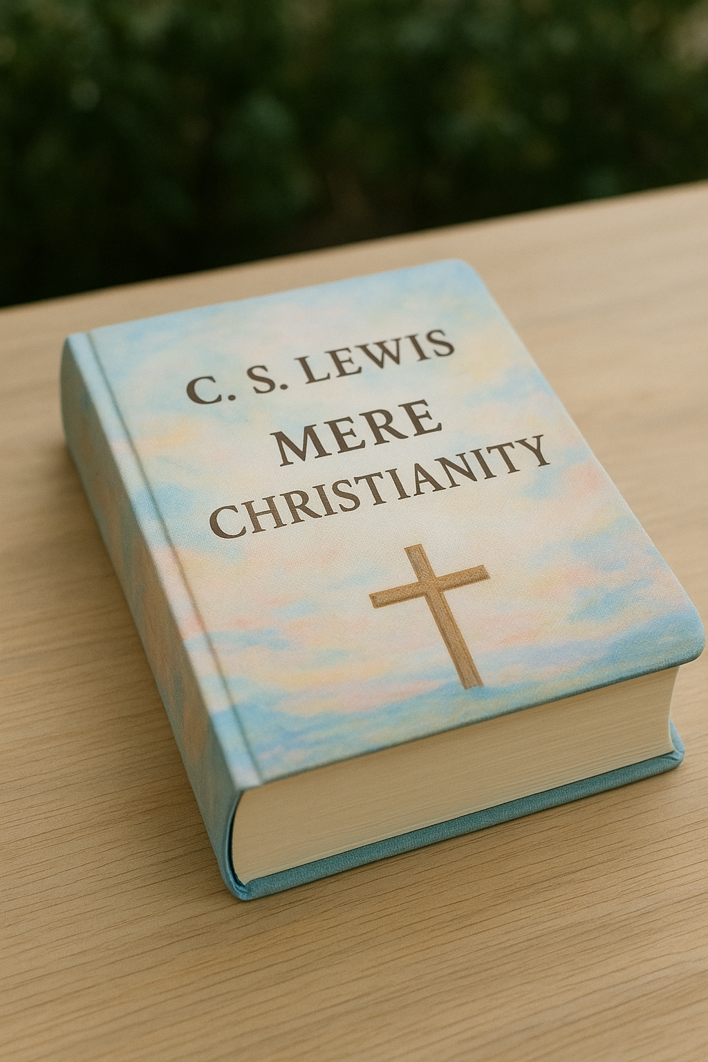 나무 책상 위에 놓인 두꺼운 양장본 책. 표지에는 구름이 낀 하늘 배경 위에 “C. S. LEWIS MERE CHRISTIANITY”라는 제목과 금색 십자가가 인쇄되어 있다.