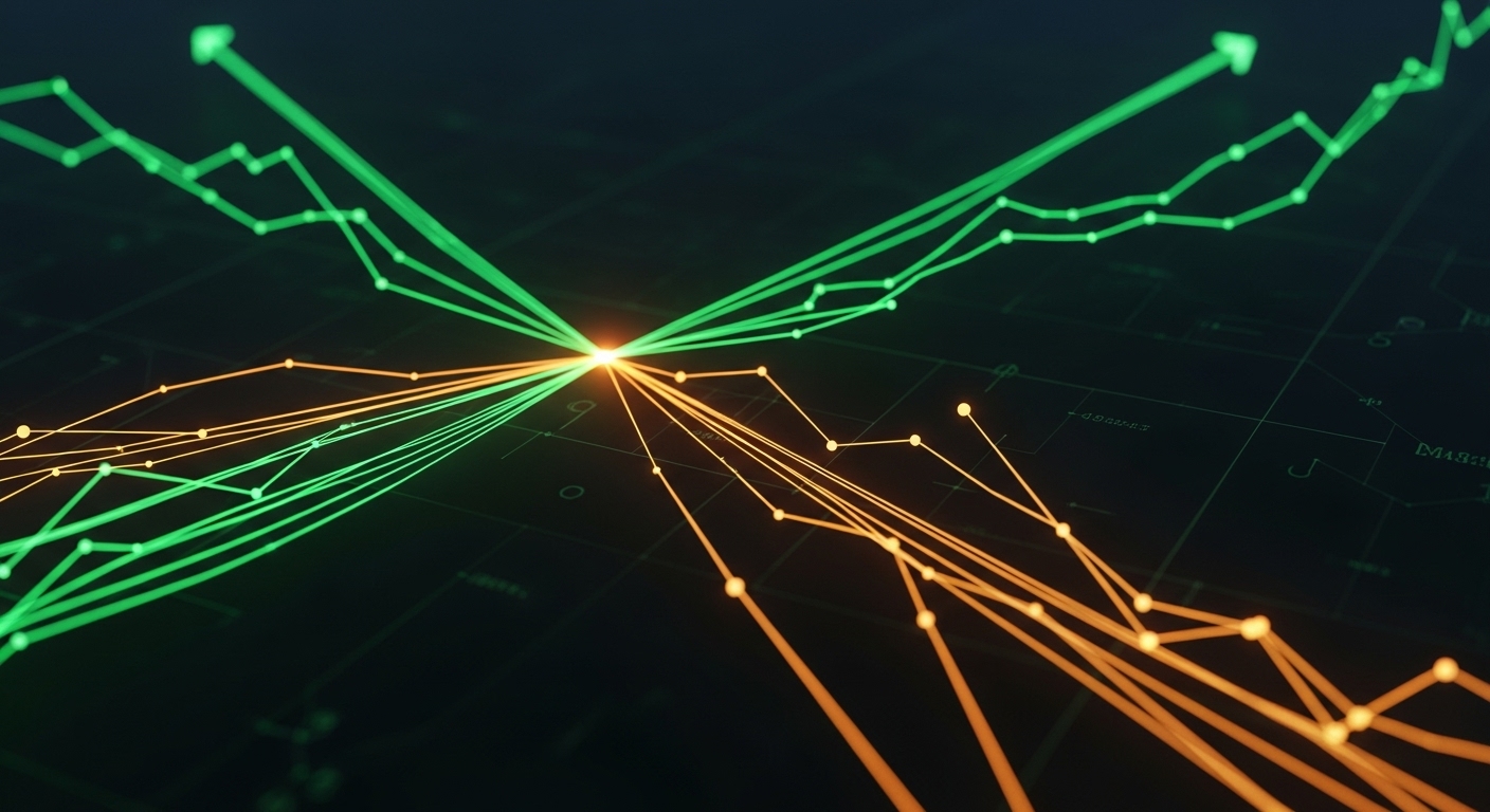 복잡하게 얽힌 시장 지표와 그래프를 통해 AI 거품론에 대한 전문가들의 다양한 의견을 시각적으로 표현한 추상적인 이미지.