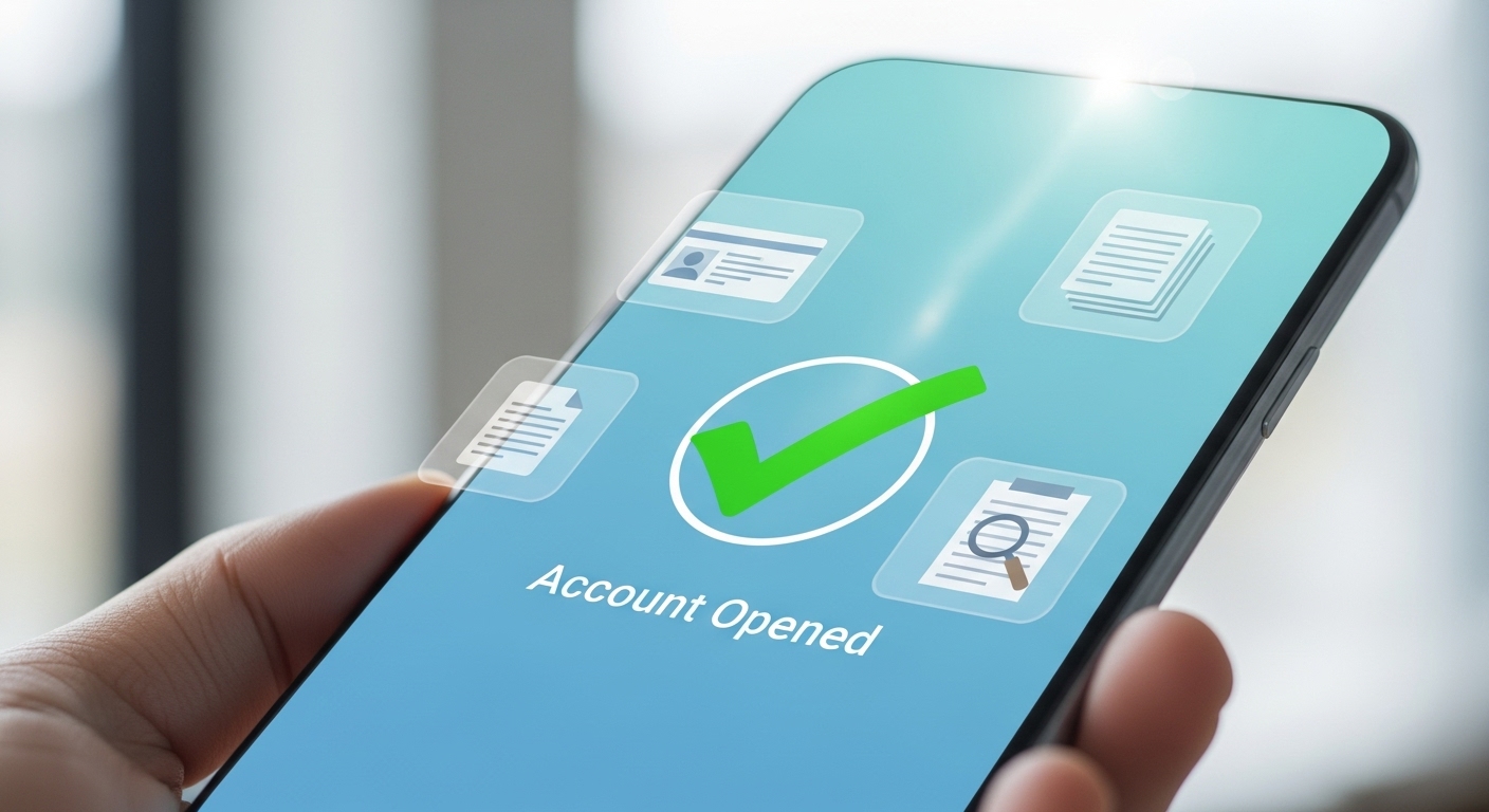 Image of a smartphone screen showing 'Account Opened' checkmark, with ID card and document icons floating around.