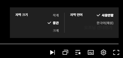 자막 언어와 크기를 조절하는 설정 메뉴