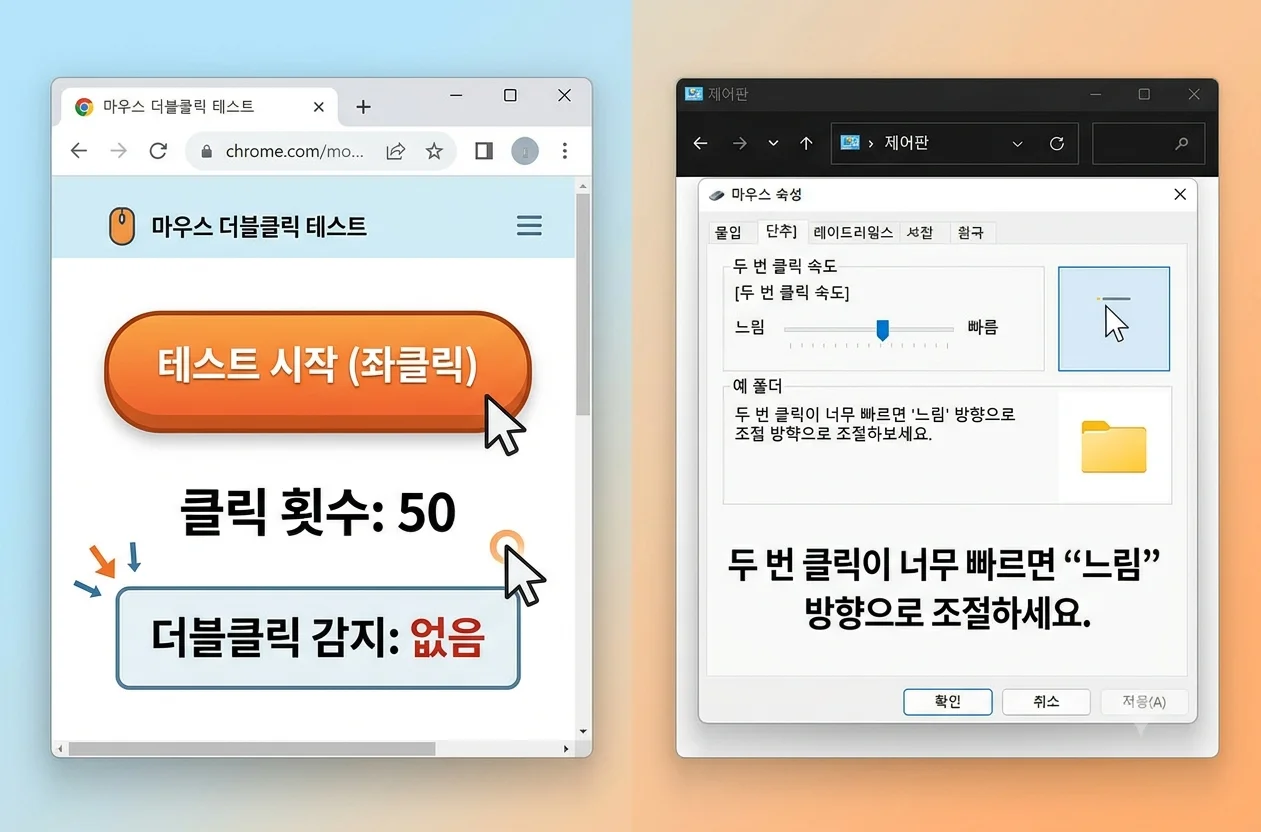 마우스 더블클릭 테스트 사이트 자가 진단 및 윈도우 제어판 두 번 클릭 속도 설정 화면