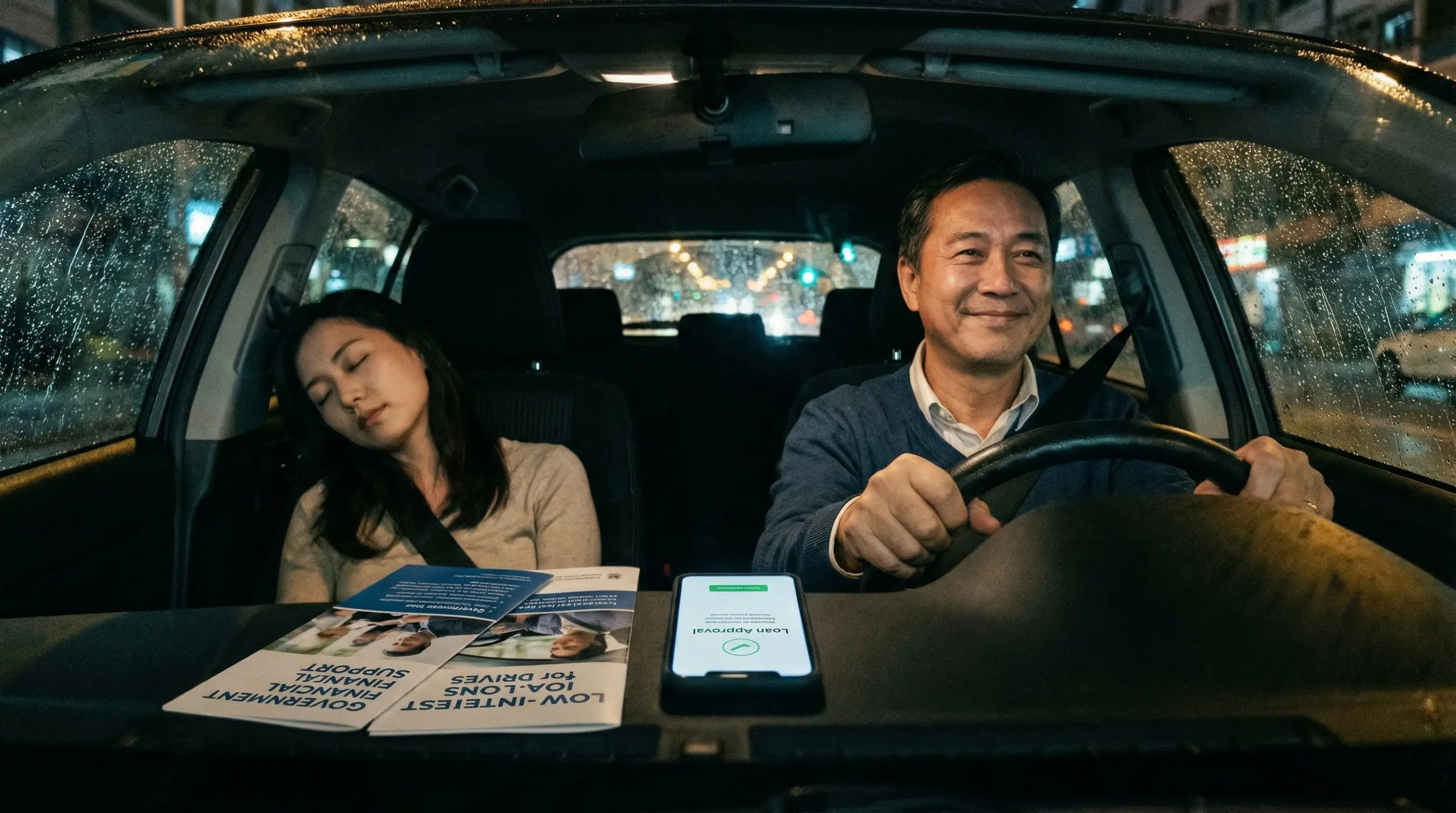 지원금과 대출 혜택을 챙겨 여유로운 미소를 짓는 대리기사님과 안전하게 귀가하는 모습