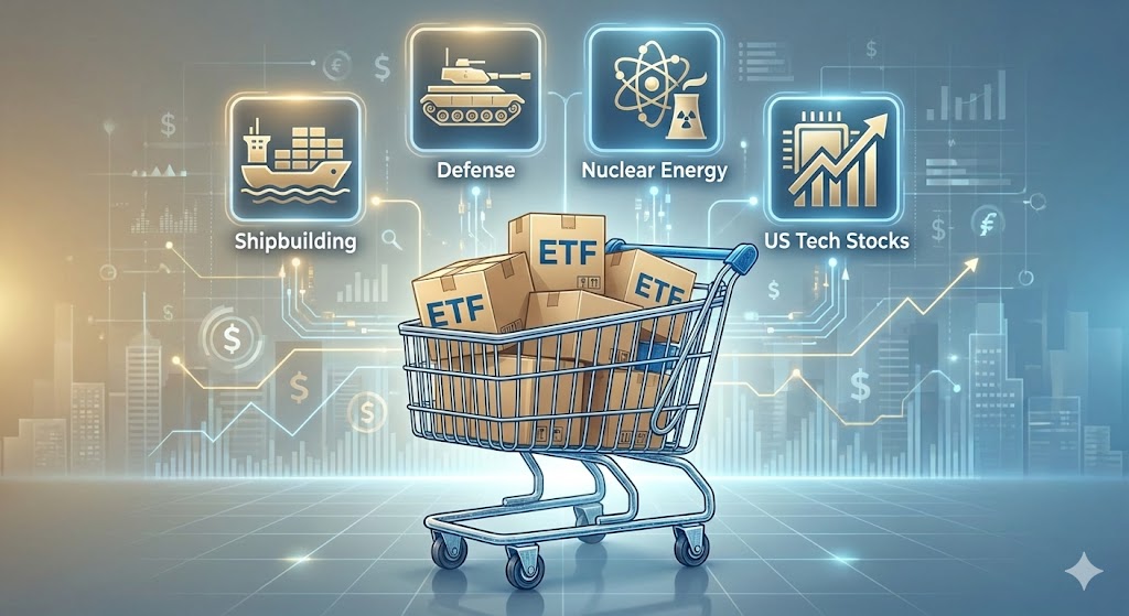 조선/방산/원자력 아이콘과 미국 기술주 로고가 담긴 고수들의 투자 장바구니 일러스트