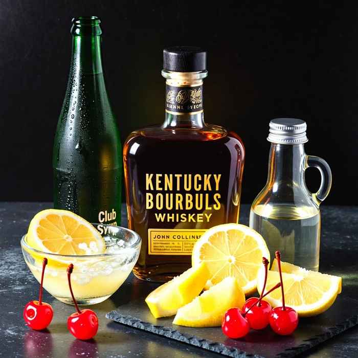 존 콜린스 재료 - 버번 위스키, 레몬 주스, 시럽과 탄산수