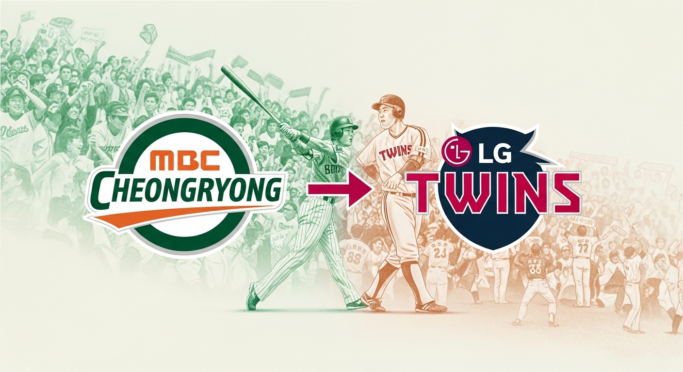 MBC청룡 구단이 LG 트윈스로 계승되는 역사적 순간을 시각화한 이미지, 두 팀의 연결고리