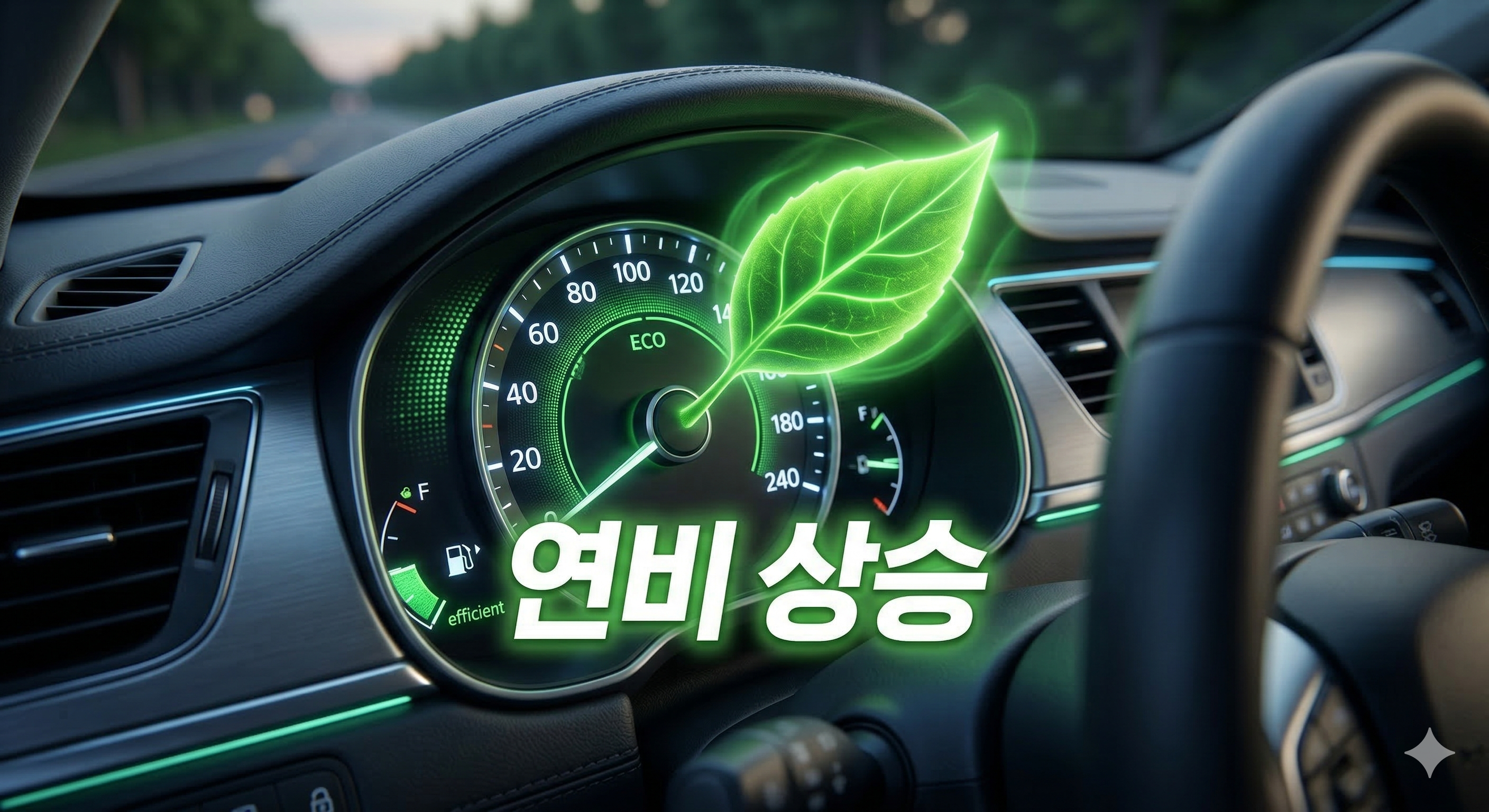 자동차 속도계에서 초록색 잎이 피어나고 중앙에 '연비 상승'이라는 한글 문구가 적힌 친환경 운전 3D 일러스트